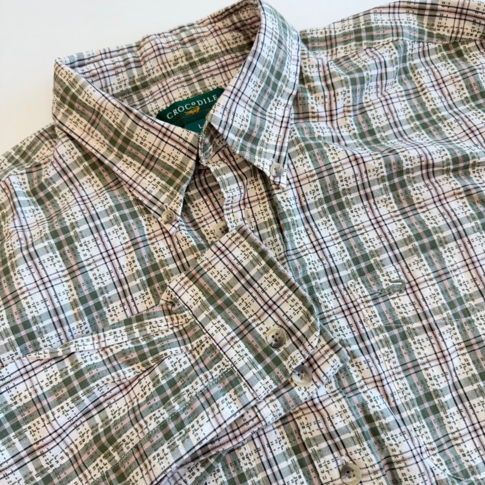 Crocodile Mens Green Plaid Long Sleeve Button Down Shirt Size Large Textured
